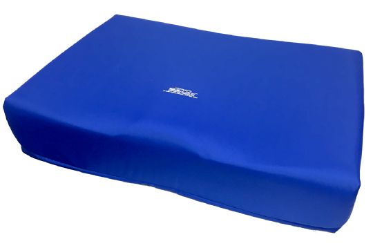 Blue wedge pillow with a brand logo on a white background