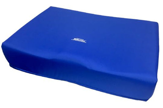 Blue wedge pillow with a brand logo on a white background