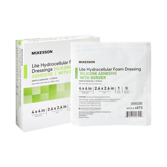 Two McKesson Lite Hydrocellular Foam Dressings with Adhesive on a white background