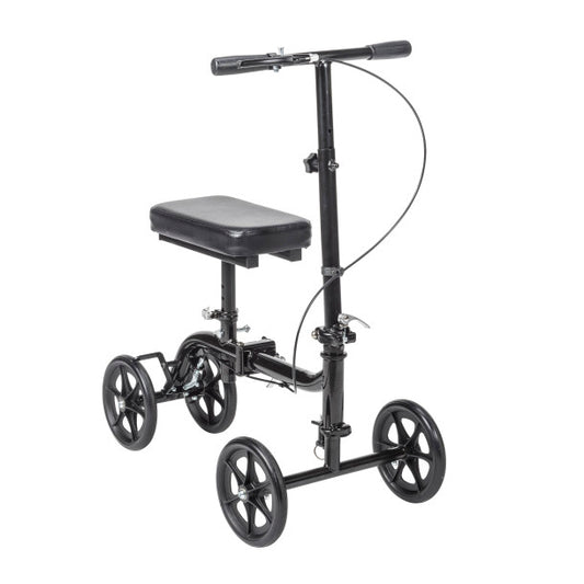 Black knee walker with a seat on a white background