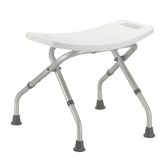 White folding shower stool with metal legs on a white background