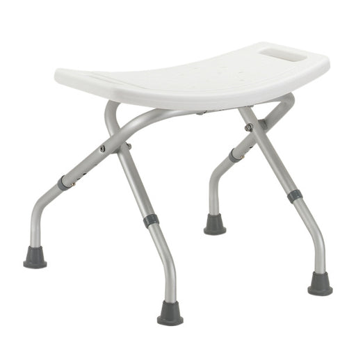 White folding shower stool with metal legs on a white background