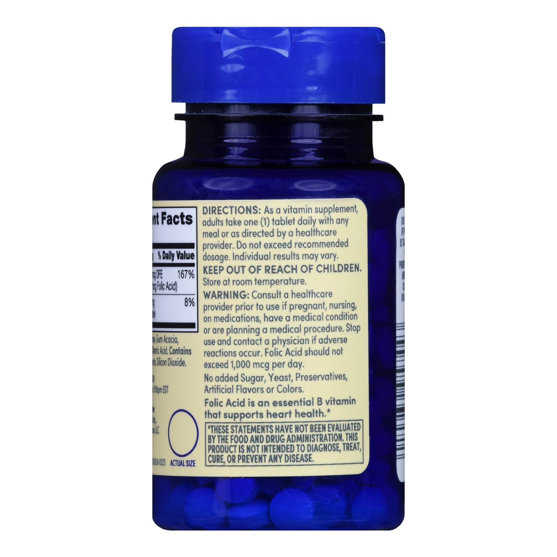 Blue pill bottle with label on a white background