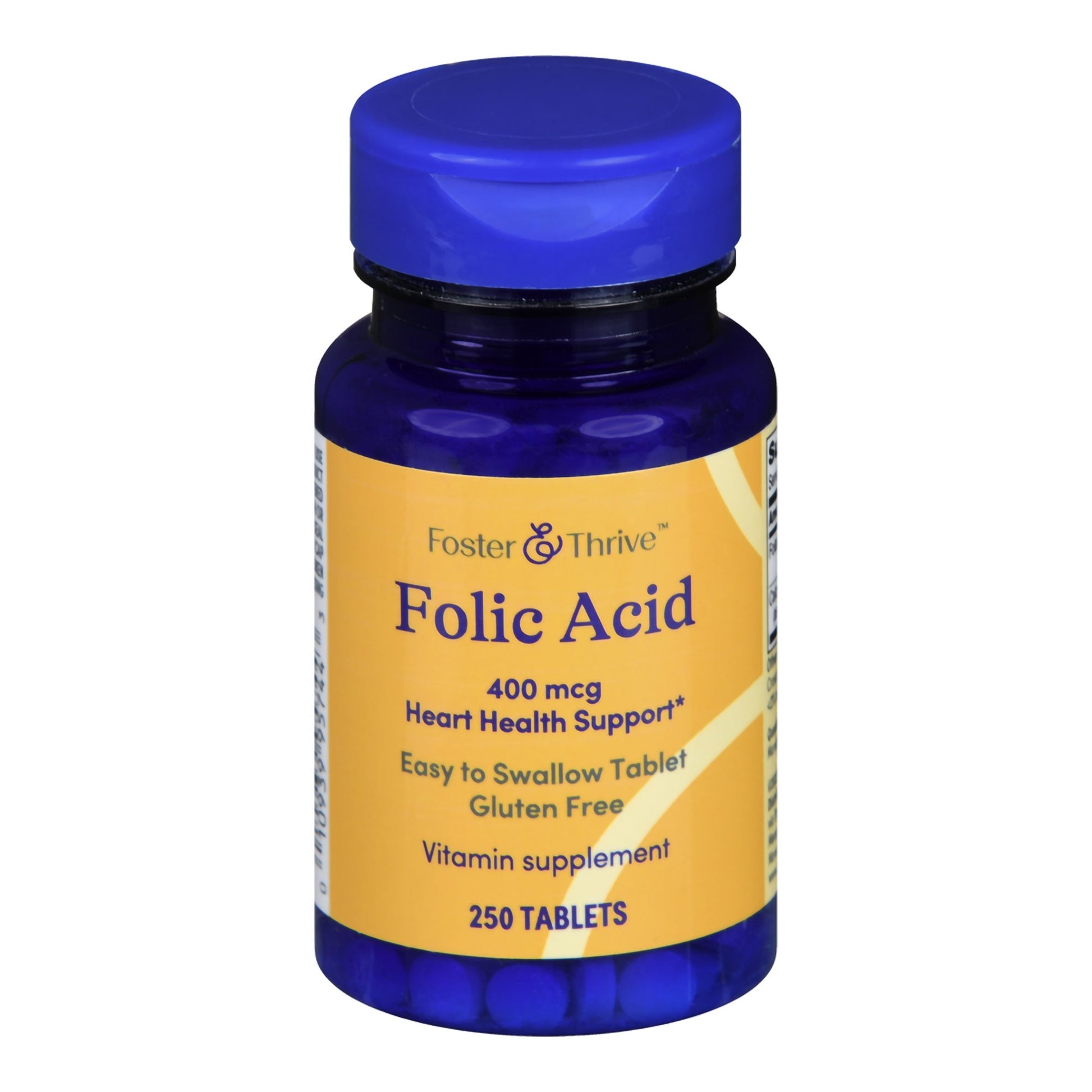 Bottle of Foster & Thrive Folic Acid supplement with blue cap and yellow label on a white background