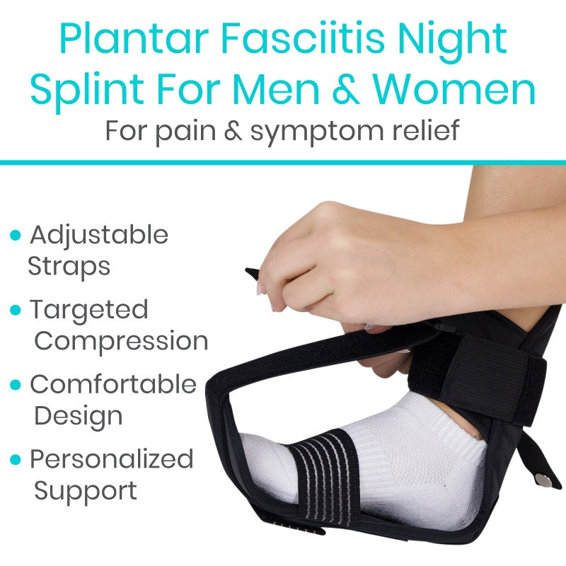 Plantar fasciitis night splint for men and women with adjustable straps and targeted compression.