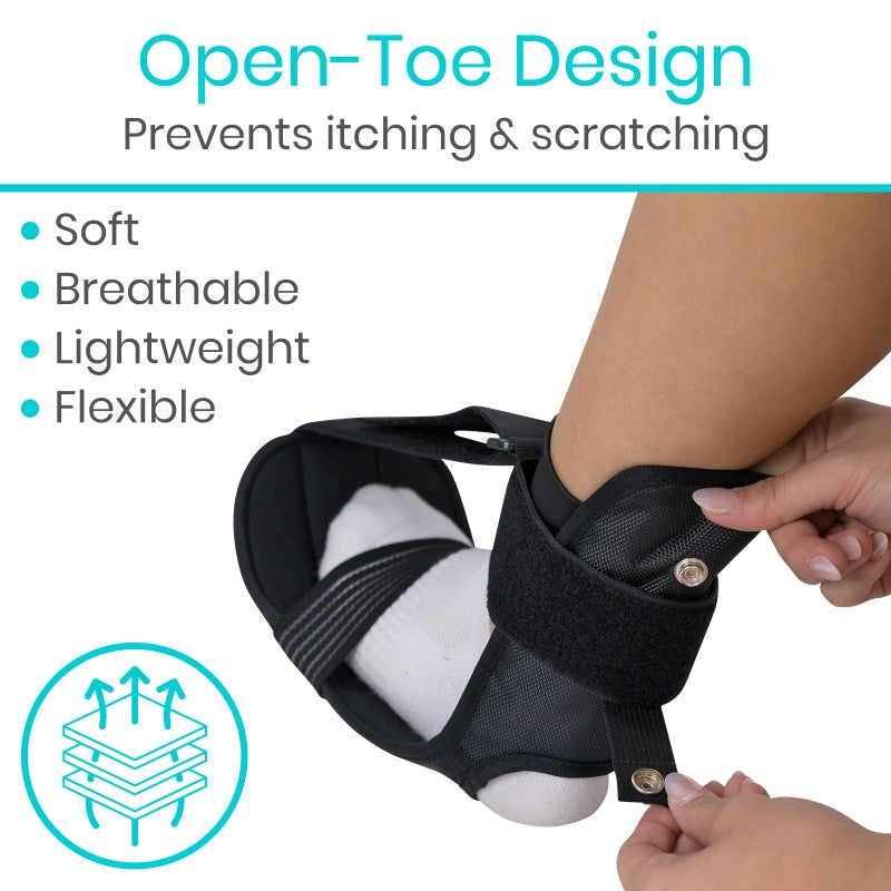 Black open-toe design foot cover being worn, with text highlighting features like softness, breathability, lightness, and flexibility.