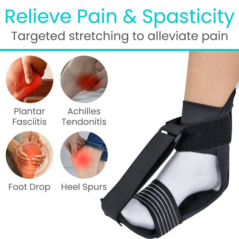 Ankle support brace with images of painful areas and text about relieving pain and spasticity.