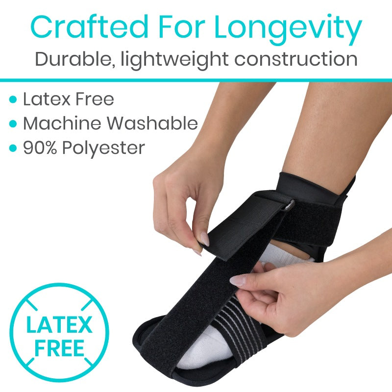 Black ankle support brace being worn with text highlighting durability and material properties on a white background.