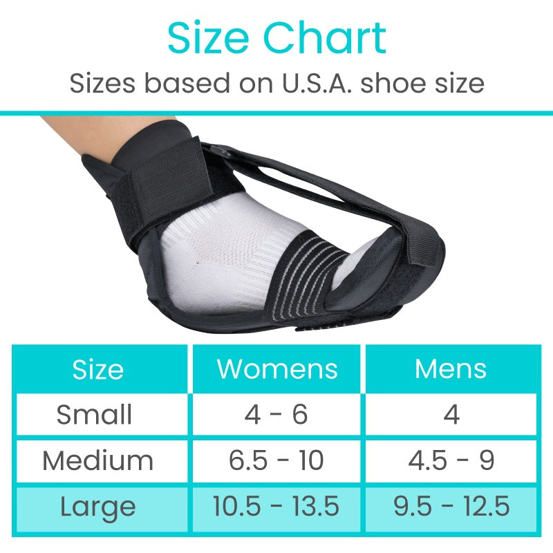 Size chart for a foot support device with U.S. shoe size equivalents.