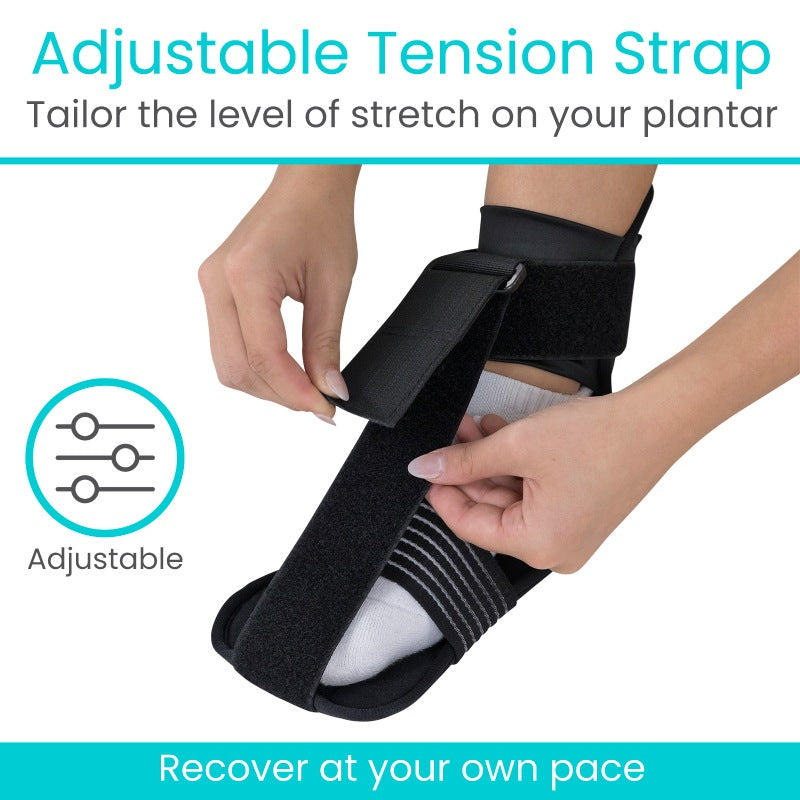 Adjustable tension strap being worn on a foot with text highlighting its adjustable feature.