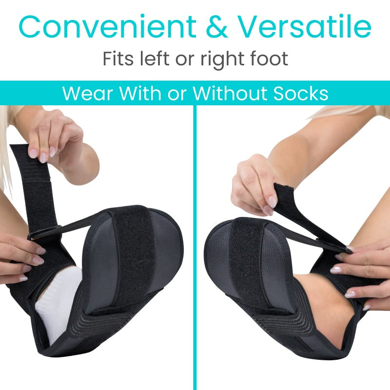 Black foot support device being worn by a person with text indicating convenience and versatility.