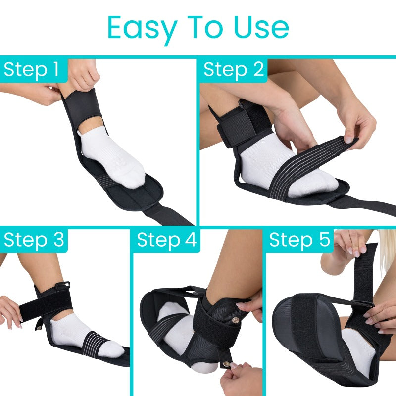 Step-by-step guide on how to use a black ankle support brace.