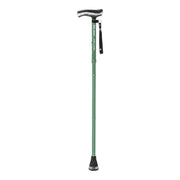 Green walking cane with black foot and handle on a white background