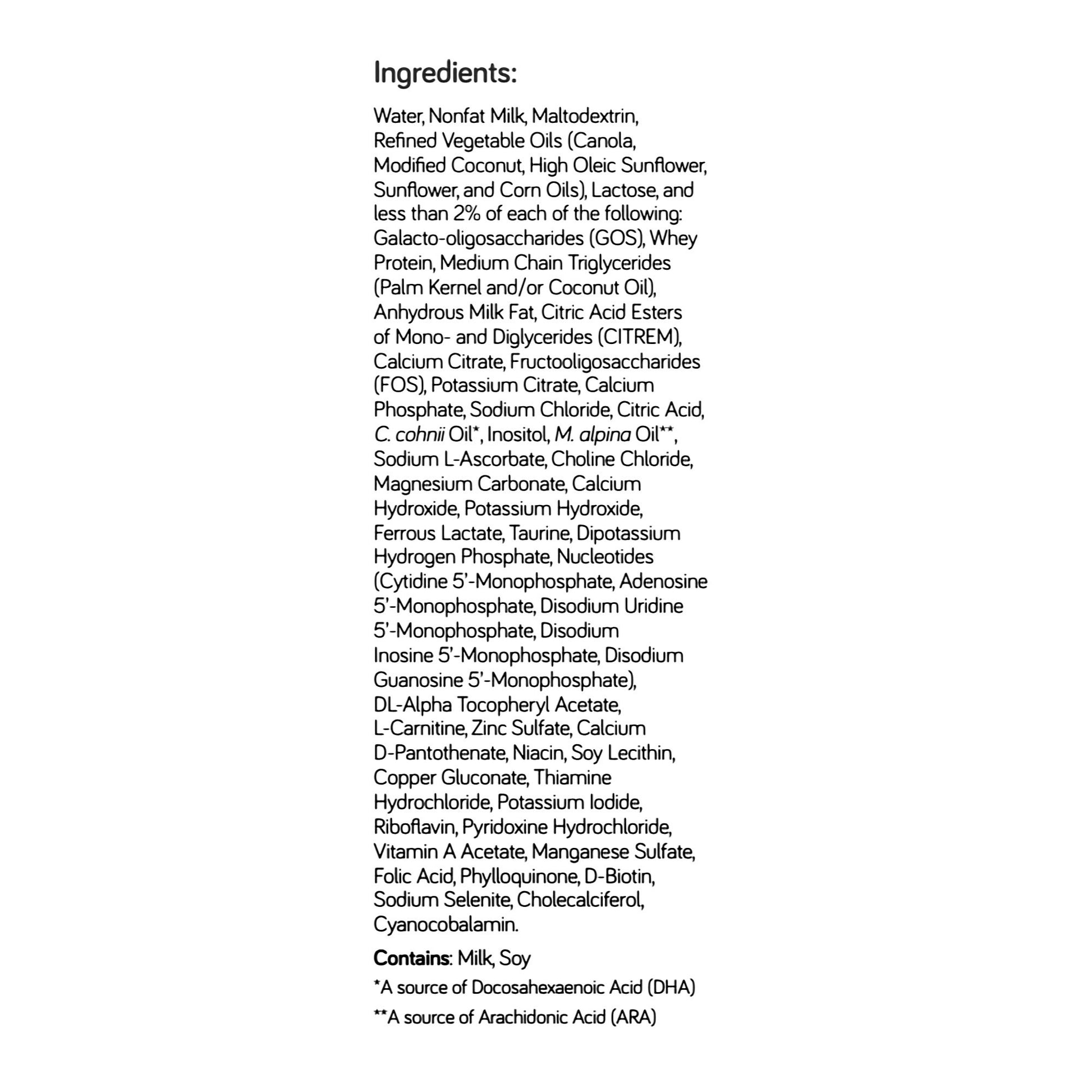 Ingredients list on a white background