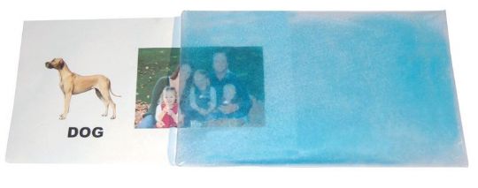 Two educational flashcards, one with a dog illustration and text, the other with a family photo.