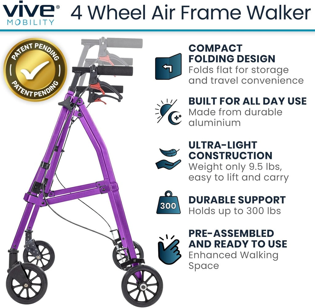 Purple walker with features listed on a white background