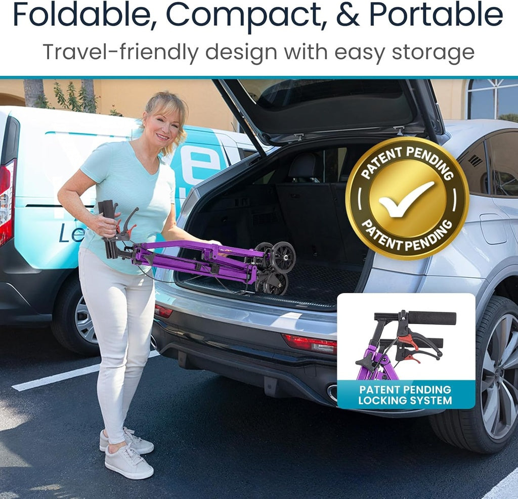 Woman loading a folded bike into a car trunk with text highlighting the bike's foldable, compact, and portable design.