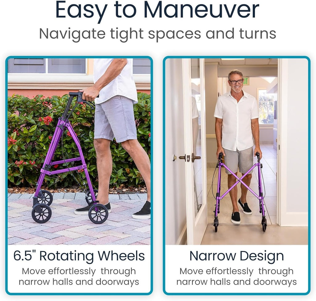 Purple walker with 6.5" rotating wheels and narrow design features, used by a person navigating tight spaces.