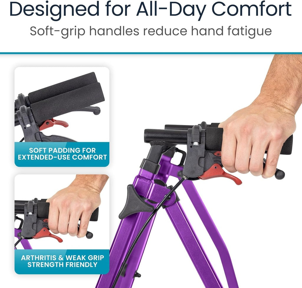 Purple tool with soft-grip handles being held, emphasizing comfort and ease of use.