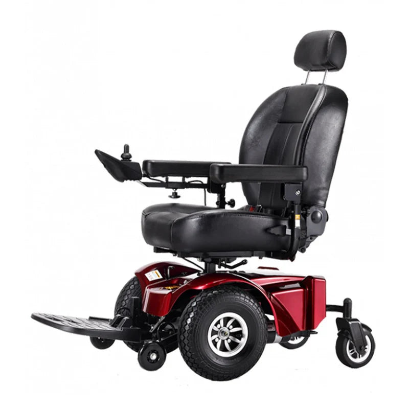 Red and black power wheelchair on a white background