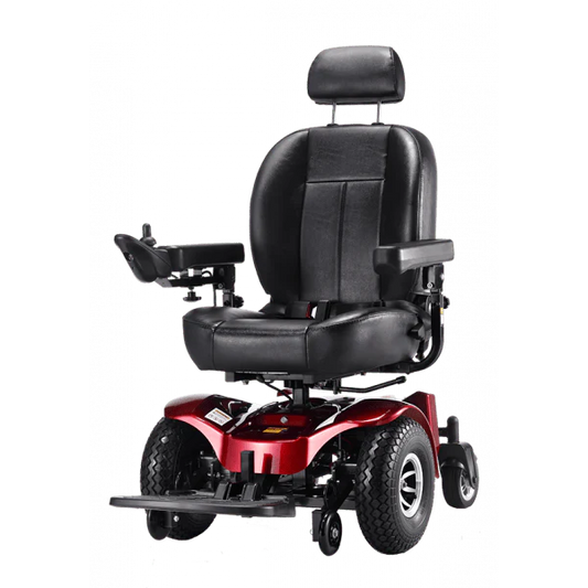 Black electric wheelchair with red base on a white background