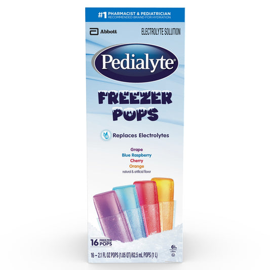 Pedialyte Freezer Pops packaging with colorful pops and Abbott branding on a white background