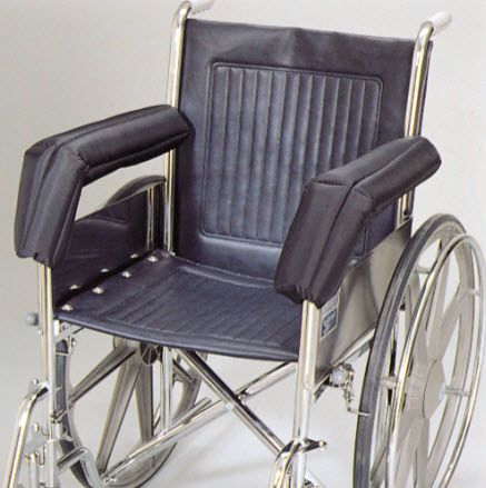 Wheelchair with black seat and armrests on a white background