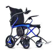 Foldable electric wheelchair with blue accents on a white background