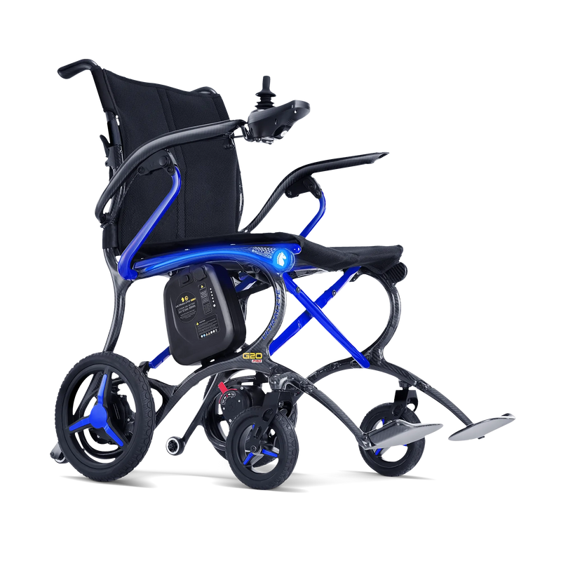 Foldable electric wheelchair with blue accents on a white background