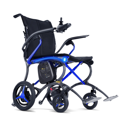 Foldable electric wheelchair with blue accents on a white background