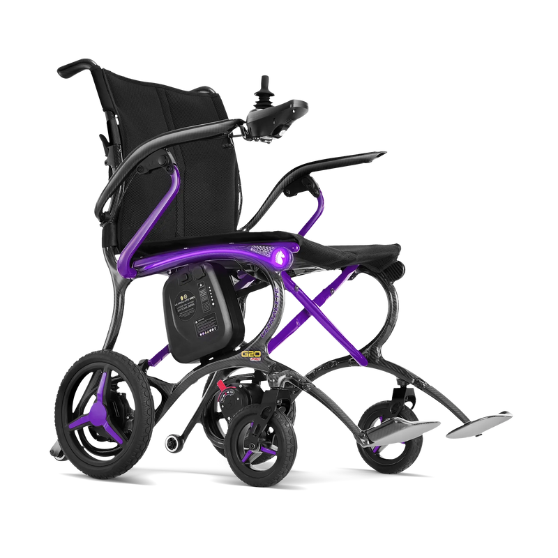 Foldable electric wheelchair with purple accents on a white background