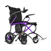 Foldable electric wheelchair with purple accents on a white background