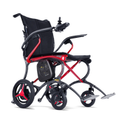 Foldable electric wheelchair with black and red design on a white background