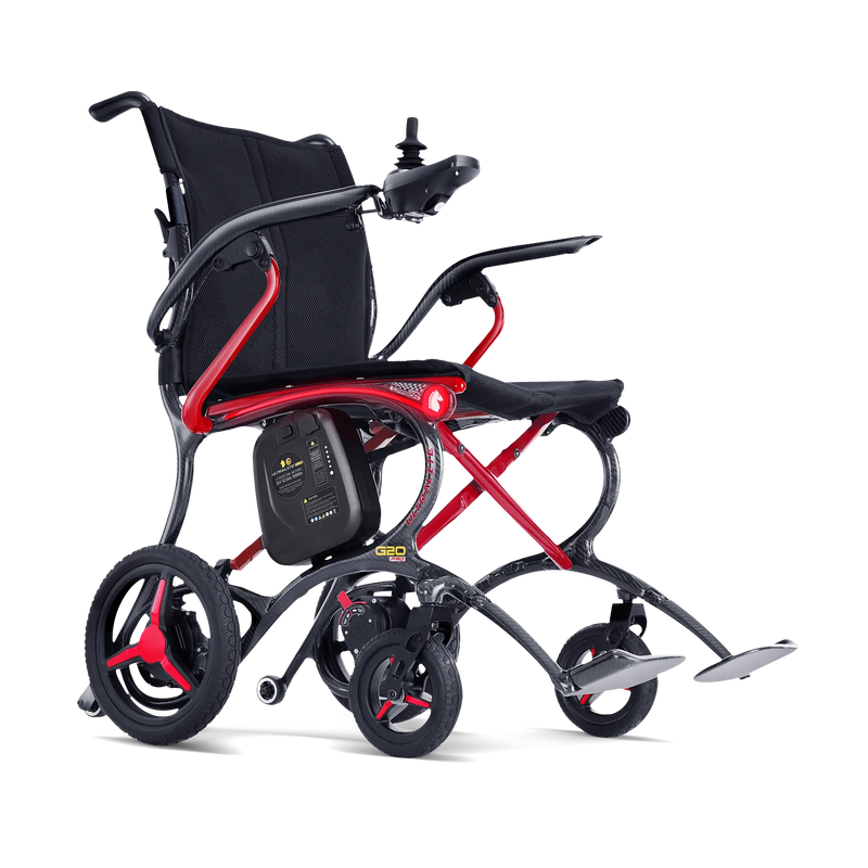 Foldable electric wheelchair with black and red design on a white background