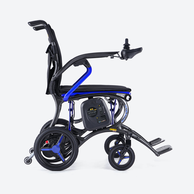 Foldable electric wheelchair with blue accents on a white background