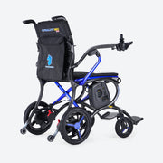 Foldable electric wheelchair with black seat and blue frame on a white background
