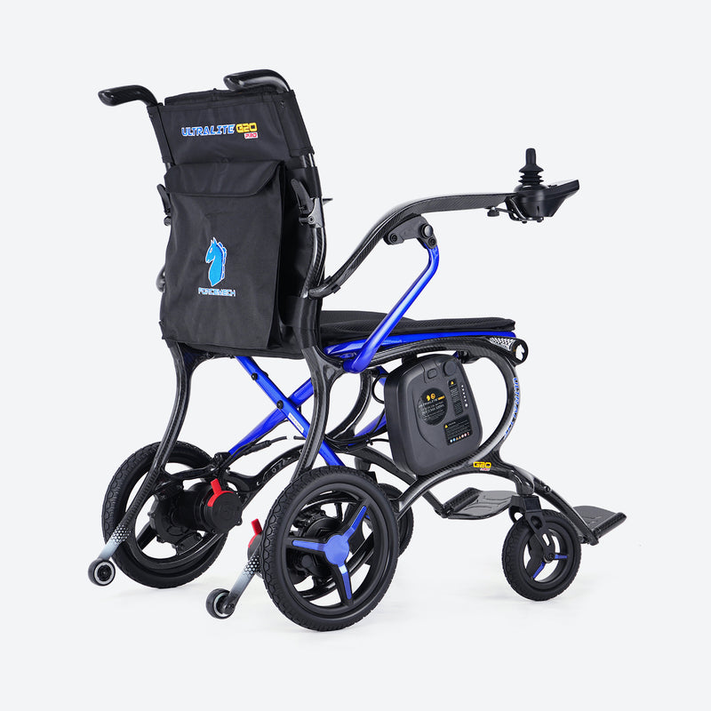 Foldable electric wheelchair with black seat and blue frame on a white background