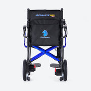 Black and blue folding wheelchair with visible branding on a white background