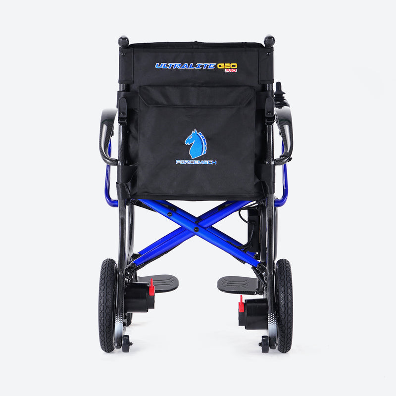 Black and blue folding wheelchair with visible branding on a white background