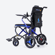 Foldable electric wheelchair with a black carrying bag on a white background