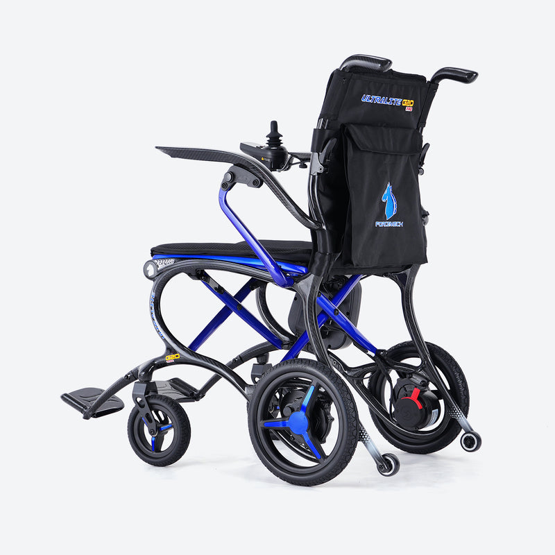 Foldable electric wheelchair with a black carrying bag on a white background