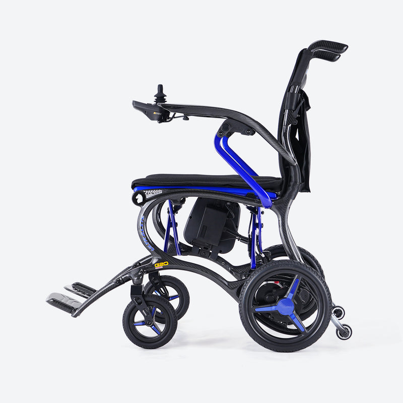 Foldable electric wheelchair with blue accents on a white background