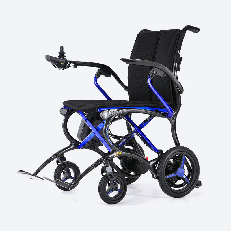 Black and blue folding wheelchair on a white background