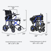 A dimension diagram showing a blue and black folding wheelchair from two angles, with labeled measurements for overall dimensions and folded dimensions on a light gray background.