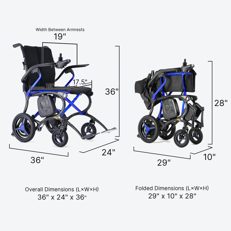 A dimension diagram showing a blue and black folding wheelchair from two angles, with labeled measurements for overall dimensions and folded dimensions on a light gray background.