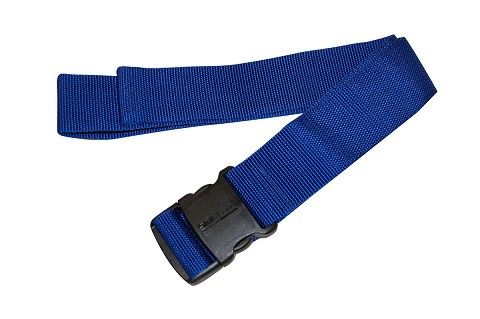 Blue belt with a black buckle on a white background