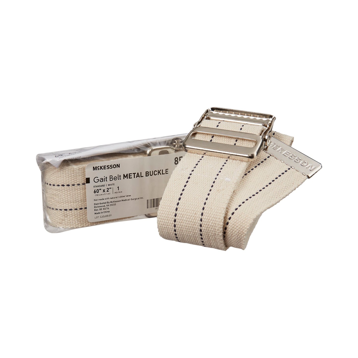 Beige gait belt with metal buckle on a white background, featuring McKesson branding.