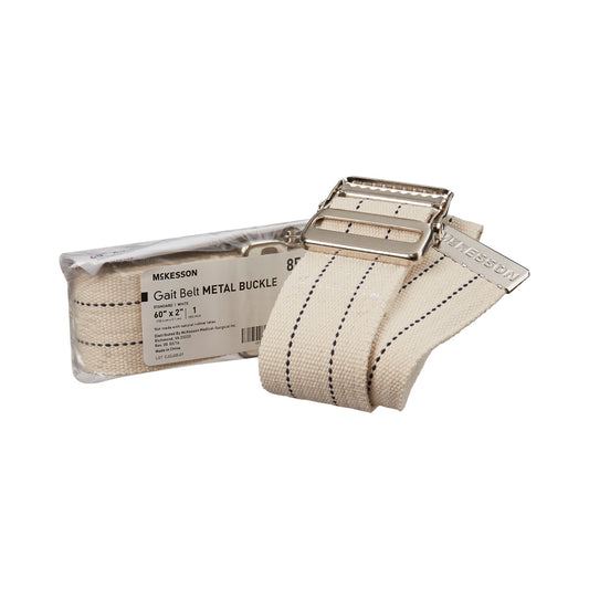 Beige gait belt with metal buckle on a white background, featuring McKesson branding.