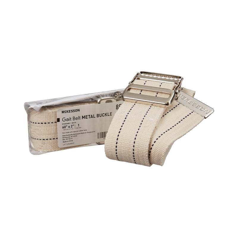 Beige gait belt with metal buckle on a white background, featuring McKesson branding.