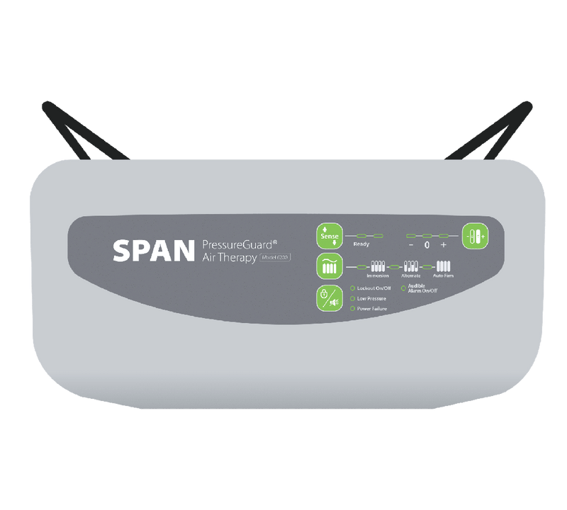 A top-down view of a white and gray HP SPAN PressureGuard Air Therapy system against a solid green background.